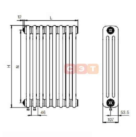 Радиатор стальной 3х трубный Rifar TUBOG АНТРАЦИТ 06 секций (в. 1800мм, подкл. -  донное левое/правое, ТЕРМОКЛАПАН)